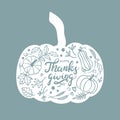 Lovely hand drawn and written Thanks Giving Design, cute pumpkins, leaves and font, great for Thanksgiving banners, wallpapers, Royalty Free Stock Photo
