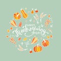 Lovely hand drawn and written Thanks Giving Design, cute pumpkins, leaves and font, great for Thanksgiving banners, wallpapers, Royalty Free Stock Photo