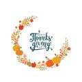 Lovely hand drawn and written Thanks Giving Design, cute pumpkins, leaves and font, great for Thanksgiving banners, wallpapers, Royalty Free Stock Photo