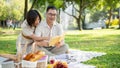 Lovely and happy Asian senior couples are reading a book while enjoying a picnic in a park together Royalty Free Stock Photo