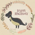 Lovely happy birthday card in vector. Sweet inspirational card with cartoon dinosaur in floral wreath in retro colors.