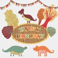 Lovely happy birthday card in vector. Sweet inspirational card with cartoon dinosaurs and trees in floral wreath in retro colors.