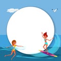 Lovely happy cartoon girl surfing in blue ocean Royalty Free Stock Photo