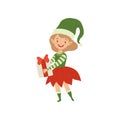Lovely happy girl in elf costume holding gift box vector Illustration on a white background Royalty Free Stock Photo