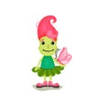 Lovely happy girl troll with pink hair and green skin, funny fairy tale character vector Illustrations on a white