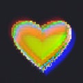 Lovely heart with glitch movement lines and cube mosac pixel art on half black light background