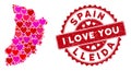 Lovely Heart Mosaic Lleida Province Map with Textured Watermark