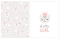 Lovely Hello Girl Vector Card and Pattern. Simple Baby Shower Illustrations.
