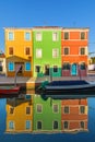 Lovely house facade and colorful walls in Burano, Venice. Burano island canal, colorful houses and boats, Venice landmark, Italy.