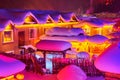 The lovely houses covered with snow in winter at night