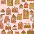 Lovely houses pattern on pink background