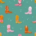 Lovely illustrated cowboy boots with different ornaments, cactus, animal print, flames, stars. Vector hand drawn illustration,