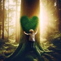 A lovely kid hugging a tree with heart shape, celebrating nature