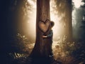 A lovely kid hugging a tree with heart shape, celebrating nature Royalty Free Stock Photo