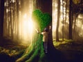 A young kid hugging a tree in forest, celebrating nature. Royalty Free Stock Photo
