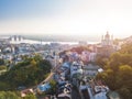 Lovely Kiev Ukraine. Andrew`s Descent old street. Panaramic aerial drone sunrise view.