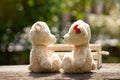 Lovely kiss teddy bear on wood and wooden box Concept of love an