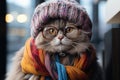 Lovely Kitten dressed in a warm clothing. Pet care. Pets clothing for animals