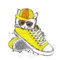 Lovely kitten sitting in sneakers. Vector illustration.