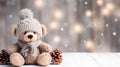 Lovely knitted toy bear cute Christmas background, copy free space. Sweet seasonal greeting card