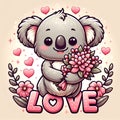 A lovely koala pose in cute with pink flower, in a love scene, love sign arounds, cartoon, digital art