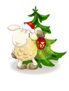 Lovely lamb in Santa's cap with lantern