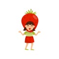 Lovely laughing girl in headdress in form of red strawberry. Cartoon kid character dressed as summer fruit. Flat vector