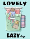Lovely lazy days. Girl relaxing on the bed. Freelancer with laptop, pizza and cat. Comic style image. Top view Royalty Free Stock Photo