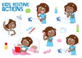 Lovely little black girl and her daily routine actions - white background