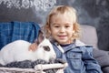 Lovely little boy plays with a white rabbit. The boy smiliing and looking in the camera Royalty Free Stock Photo