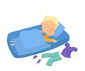 Lovely Little Boy Sleeping Sweetly in his Bed, Bedtime, Sweet Dreams of Adorable Kid Concept Cartoon Style Vector Royalty Free Stock Photo