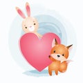Lovely little Bunny and Fox lovely Together, Cute Best Friends, Adorable Rabbit, and pup Cartoon Characters