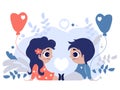 Lovely little children. Couple - A girl and a boy sit opposite each other with balloons in their hands on a purple background with
