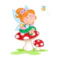 Lovely little fairy sitting on the red mushroom and cute little bee - white background Royalty Free Stock Photo