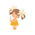 Lovely Little Girl with Chamomile Flowers in Her Hair Playing with Butterfly Cartoon Vector Illustration Royalty Free Stock Photo