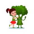 Lovely little girl hugging giant broccoli vegetable character, best friends, healthy food for kids cartoon vector Royalty Free Stock Photo