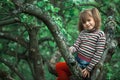 An lovely little girl sitting on a tree in the green garden. Royalty Free Stock Photo