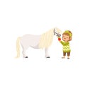 Lovely little girl taking care of her pony horse feeding it with red apple, kid taking care of her animal vector