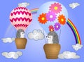 A cute little hedgehog flies into cartoons, a large bulky balloon with a basket in the sky amidst white clouds