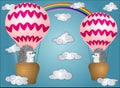 A cute little hedgehog flies into cartoons, a large bulky balloon with a basket in the sky amidst white clouds