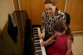 Lovely little kid girl in stylish red dress, sitting at piano, touching piano keys with her fingers, feeling the rhythm Royalty Free Stock Photo