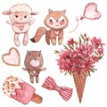 Lovely little lamb, fox and bear. Pink Watercolor set of elements for Valentine`s day. Scrapbook design elements Royalty Free Stock Photo