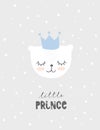 Lovely Little Prince Vector Illustration. Cute White Baby Bear Wearing Blue Crown With Heart.