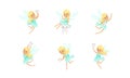 Lovely Little Tooth Fairy Set, Cute Blonde Girl with Wings in Blue Dress Flying with Tooth Cartoon Vector Illustration Royalty Free Stock Photo