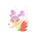 Lovely Little Winged Fairy with Lilac Hair, Flying Girl Character in Fairy Costume with Magic Wand Vector Illustration