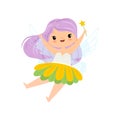 Lovely Little Winged Fairy with Long Lilac Hair, Beautiful Flying Girl Character in Fairy Costume with Magic Wand Vector Royalty Free Stock Photo