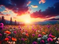 Lovely meadow with colorful blooming flowers during sunrise, nature concept Royalty Free Stock Photo