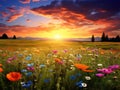 Lovely meadow with colorful blooming flowers during sunrise, nature concept Royalty Free Stock Photo