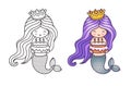 Lovely mermaid with purple gradient hair, holding a birthday cake.