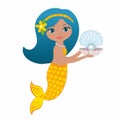 Lovely mermaid and shell with pearl  Vector illustration. Royalty Free Stock Photo